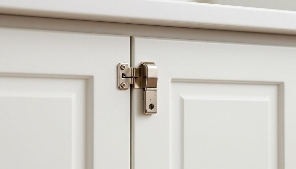 Close-up of Shaker Elite White Cabinet door showing quality hardware and finish Close-up of Shaker Elite White Cabinet door showing quality hardware and finish
