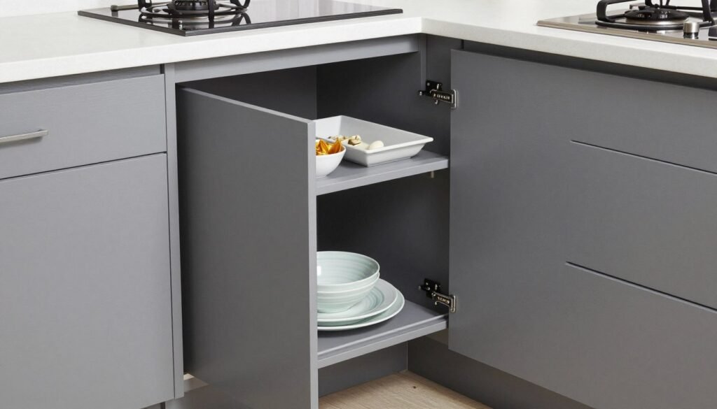 Manhattan Modern Gray Cabinets showing space-saving corner solution Manhattan Modern Gray Cabinets showing space-saving corner solution